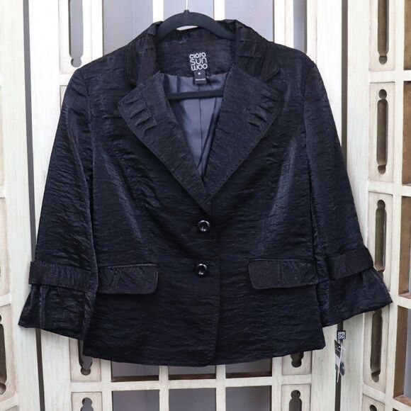 New Clara Sun Woo Black Shimmery Ruffle Sleeve Jacket M - Picture 2 of 6